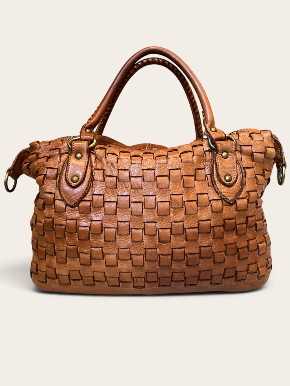 Sundance Catalog Cognac Brown Woven Leather Basketweave Satchel Bag